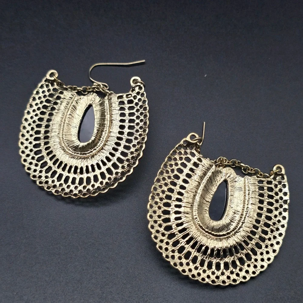 Blue Green Iridescent Earrings GOld Tone Statement Fan Shape